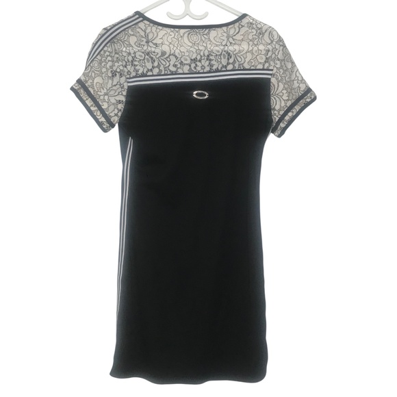 Lace-Up Neck Sheer Sleeves Striped Trim Bodycon Dress Size M - Picture 2 of 15